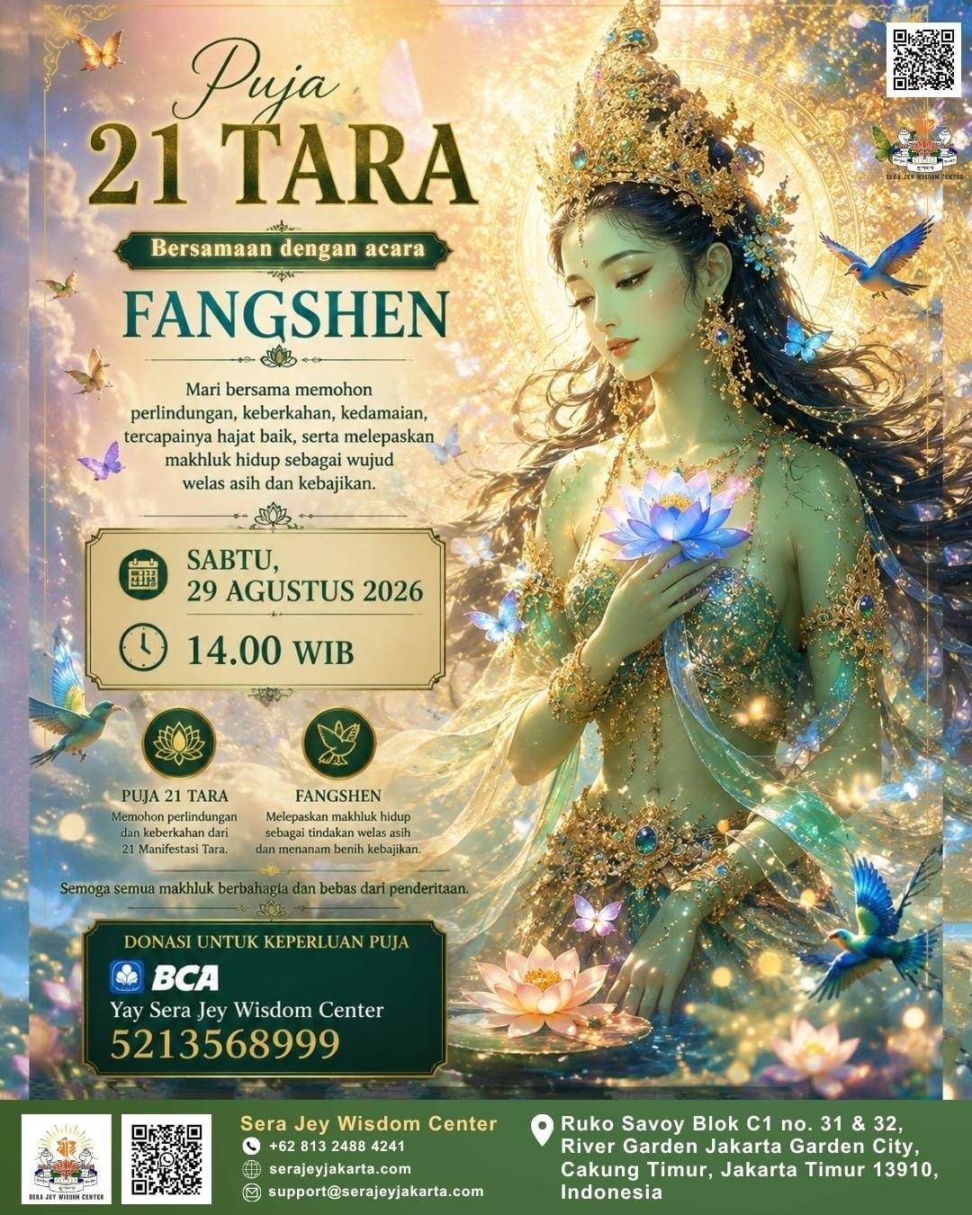 Puja 21 Tara and Fangshen poster, Sera Jey Wisdom Center, 29 August 2026